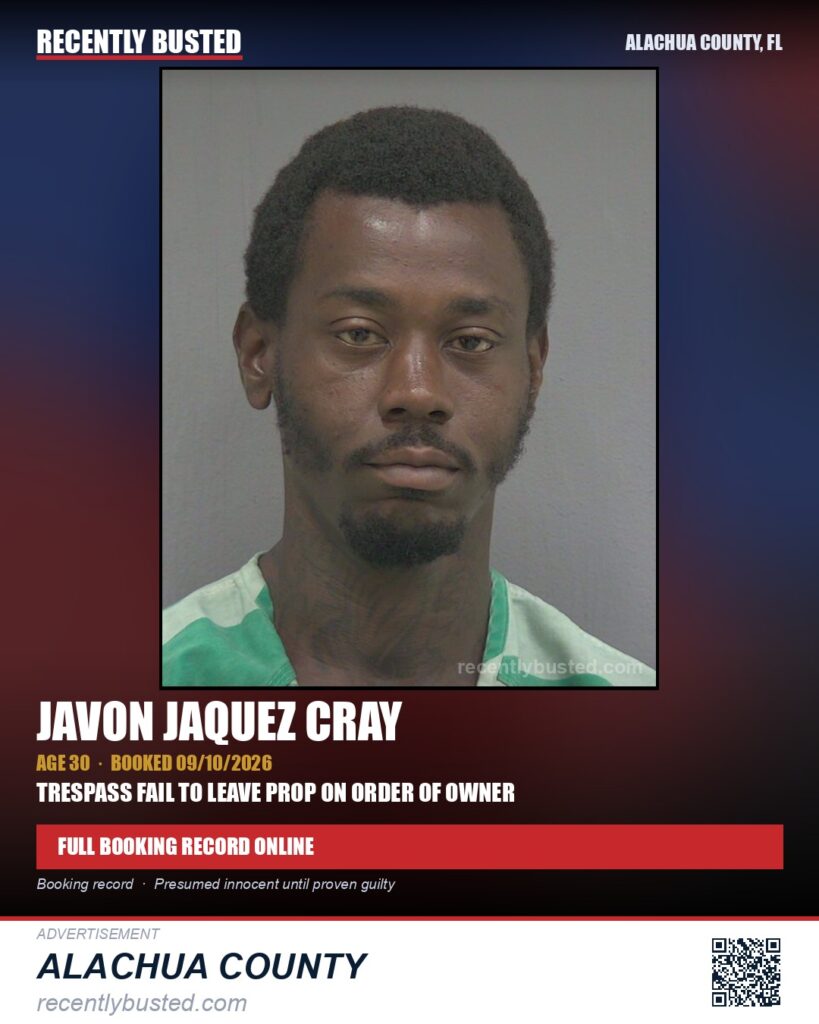 Javon Jaquez Cray — arrest record card, Alachua County, Florida