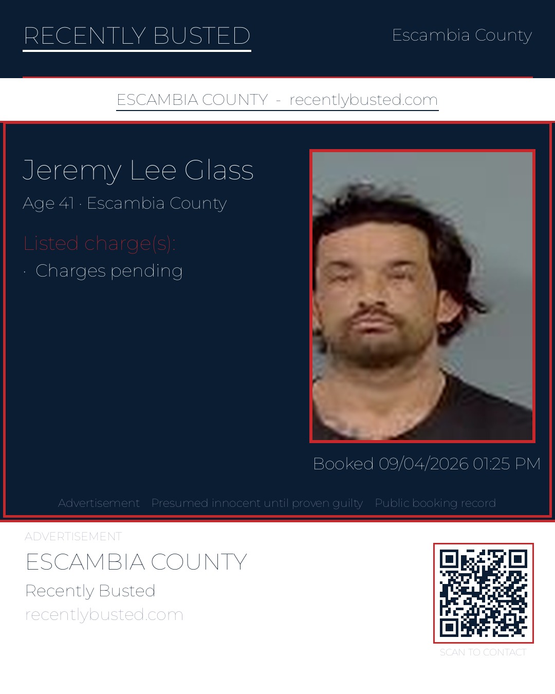 Jeremy Lee Glass — arrest record card, Escambia County, Florida
