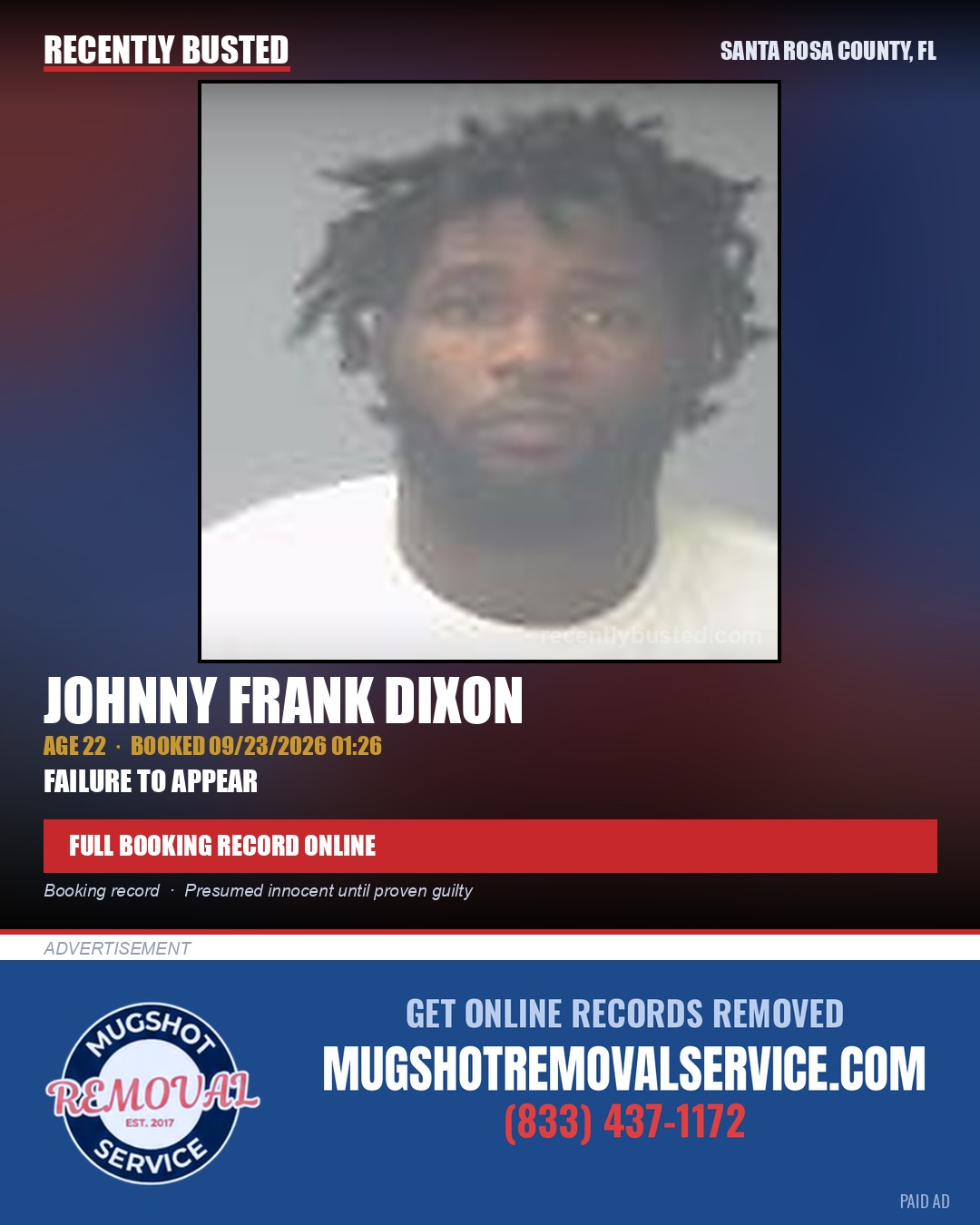 Johnny Frank Dixon — arrest record card, Santa Rosa County, Florida
