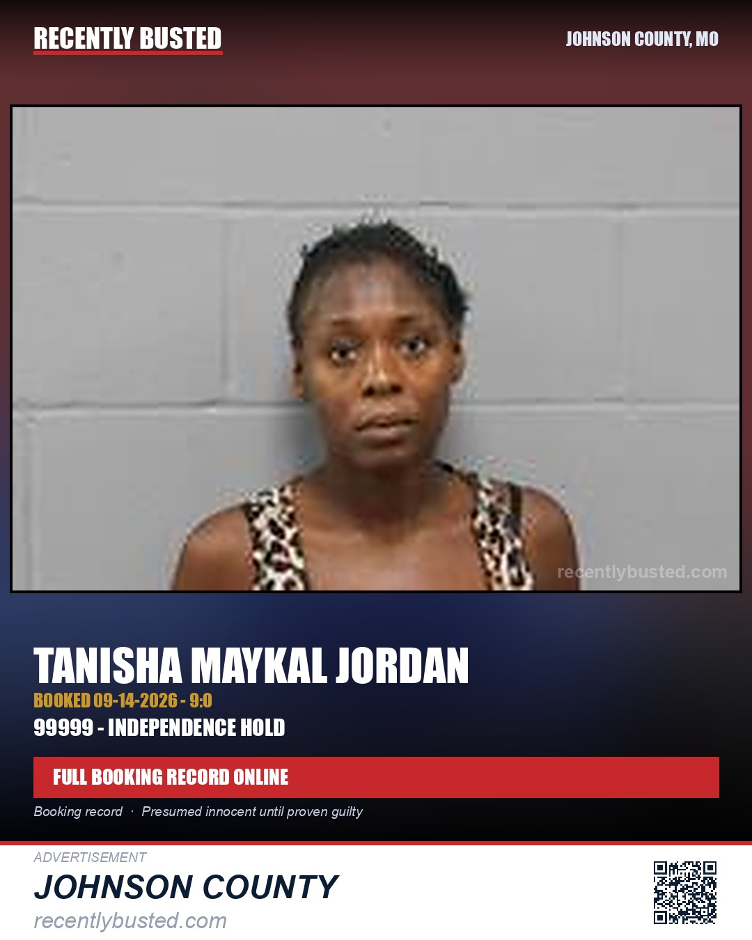 JORDAN, TANISHA MAYKAL — arrest record card, Johnson County, Missouri