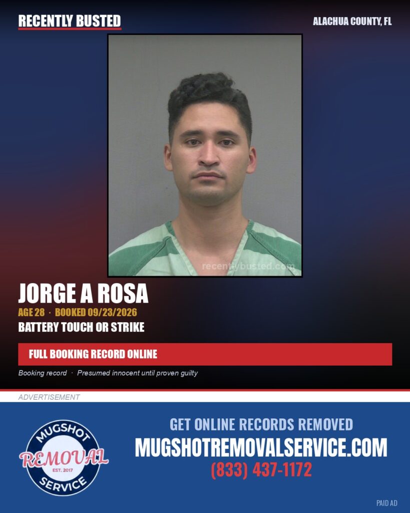 Jorge A Rosa — arrest record card, Alachua County, Florida