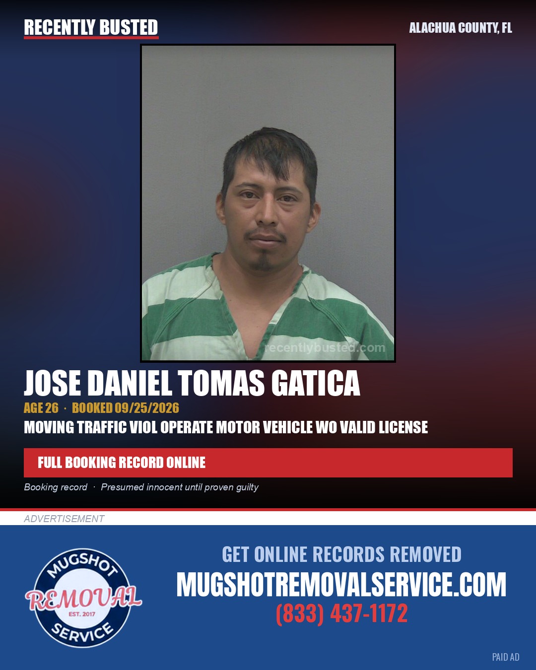 Jose Daniel Tomas Gatica — arrest record card, Alachua County, Florida