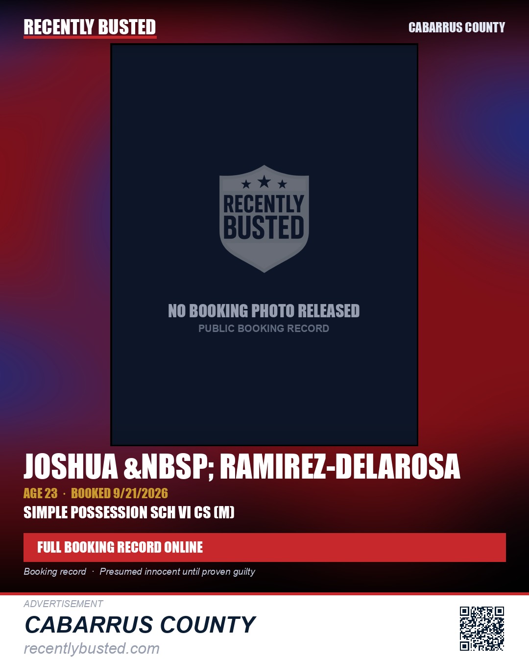 JOSHUA RAMIREZ-DELAROSA — arrest record card, Cabarrus County