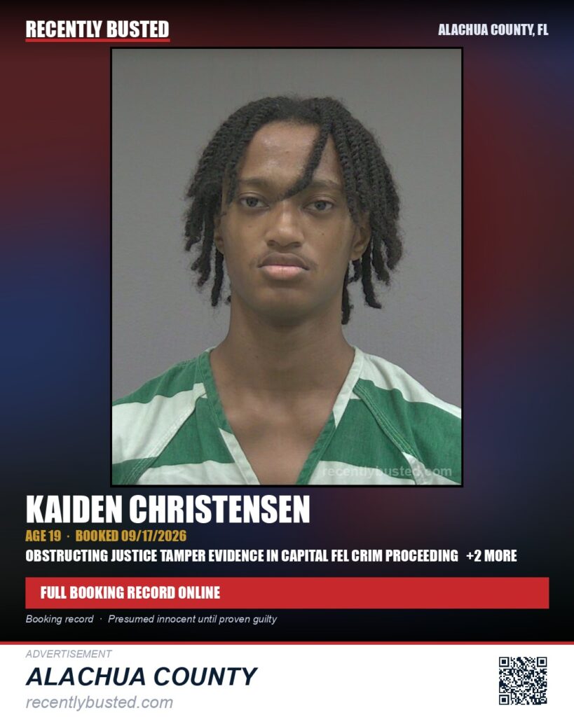 Kaiden Christensen — arrest record card, Alachua County, Florida