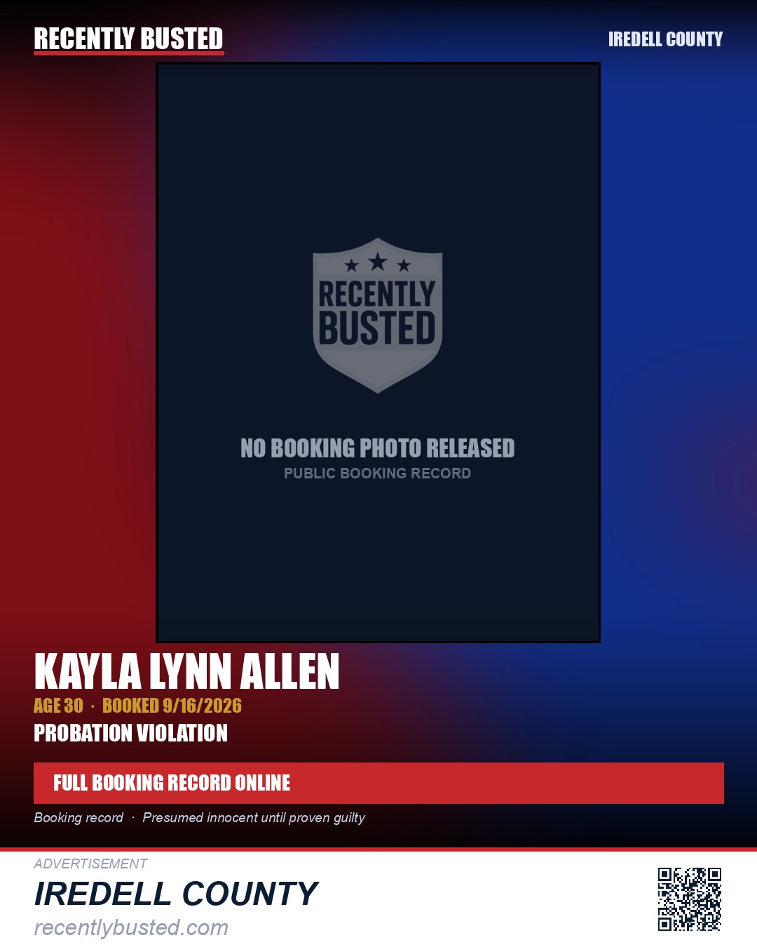KAYLA LYNN ALLEN — arrest record card, Iredell County