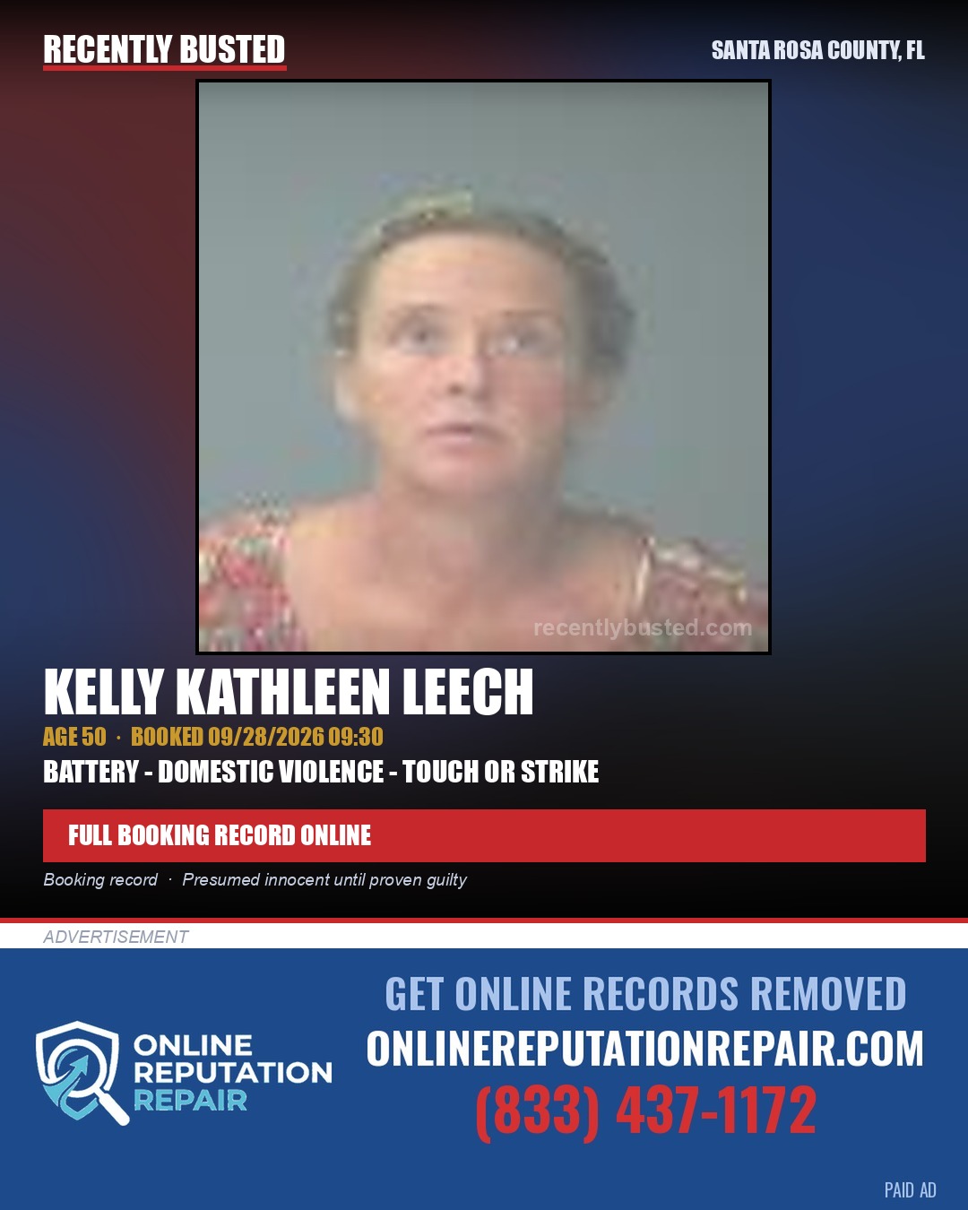 Kelly Kathleen Leech — arrest record card, Santa Rosa County, Florida