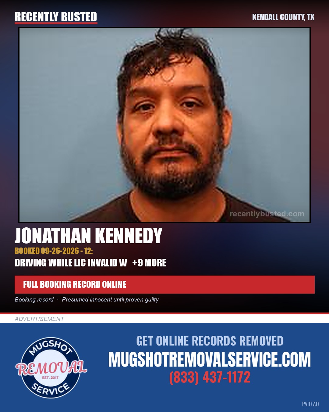 Kennedy, Jonathan — arrest record card, Kendall County, Texas