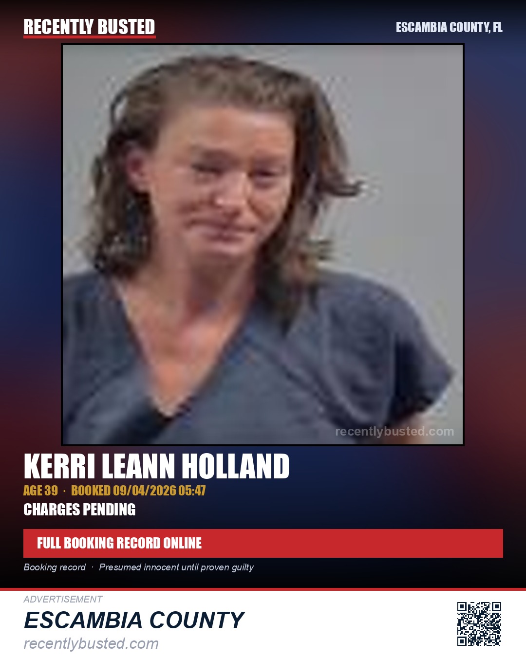 Kerri Leann Holland — arrest record card, Escambia County, Florida