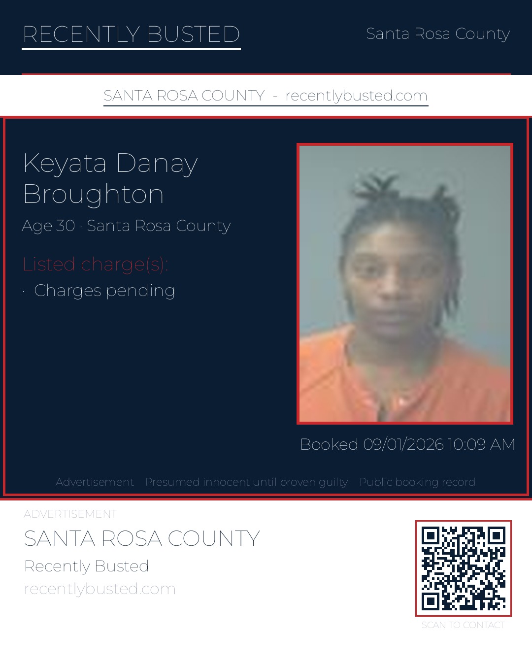 Keyata Danay Broughton — arrest record card, Santa Rosa County, Florida