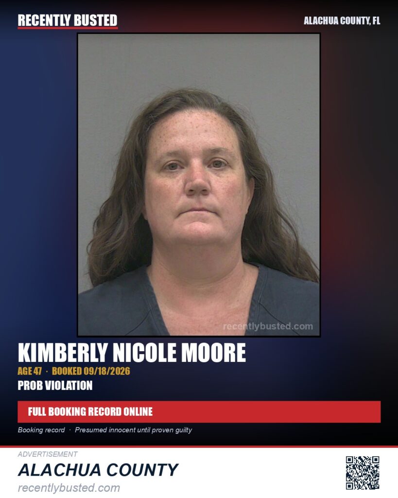 Kimberly Nicole Moore — arrest record card, Alachua County, Florida