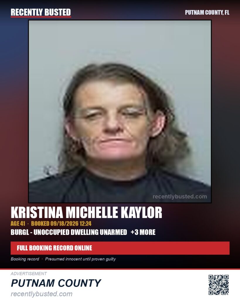 Kristina Michelle Kaylor — arrest record card, Putnam County, Florida