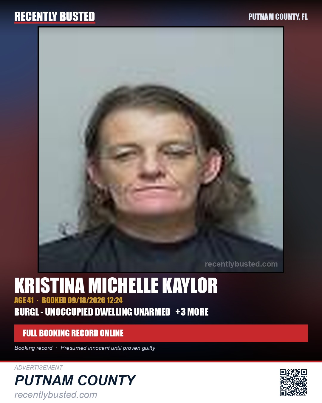 Kristina Michelle Kaylor — arrest record card, Putnam County, Florida