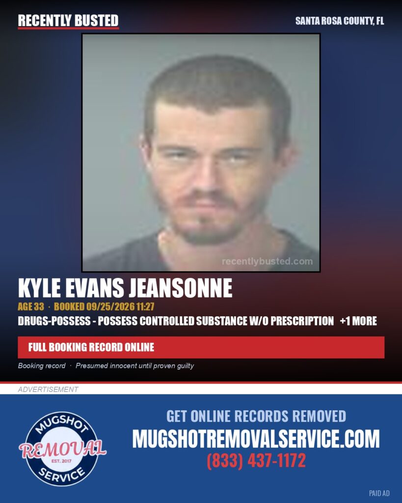 Kyle Evans Jeansonne — arrest record card, Santa Rosa County, Florida