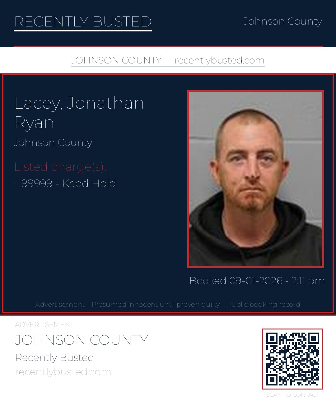 LACEY, JONATHAN RYAN — arrest record card, Johnson County, Missouri