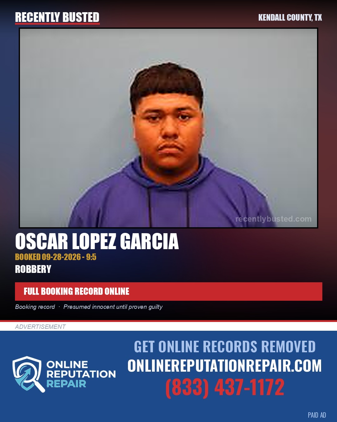 Lopez Garcia, Oscar — arrest record card, Kendall County, Texas