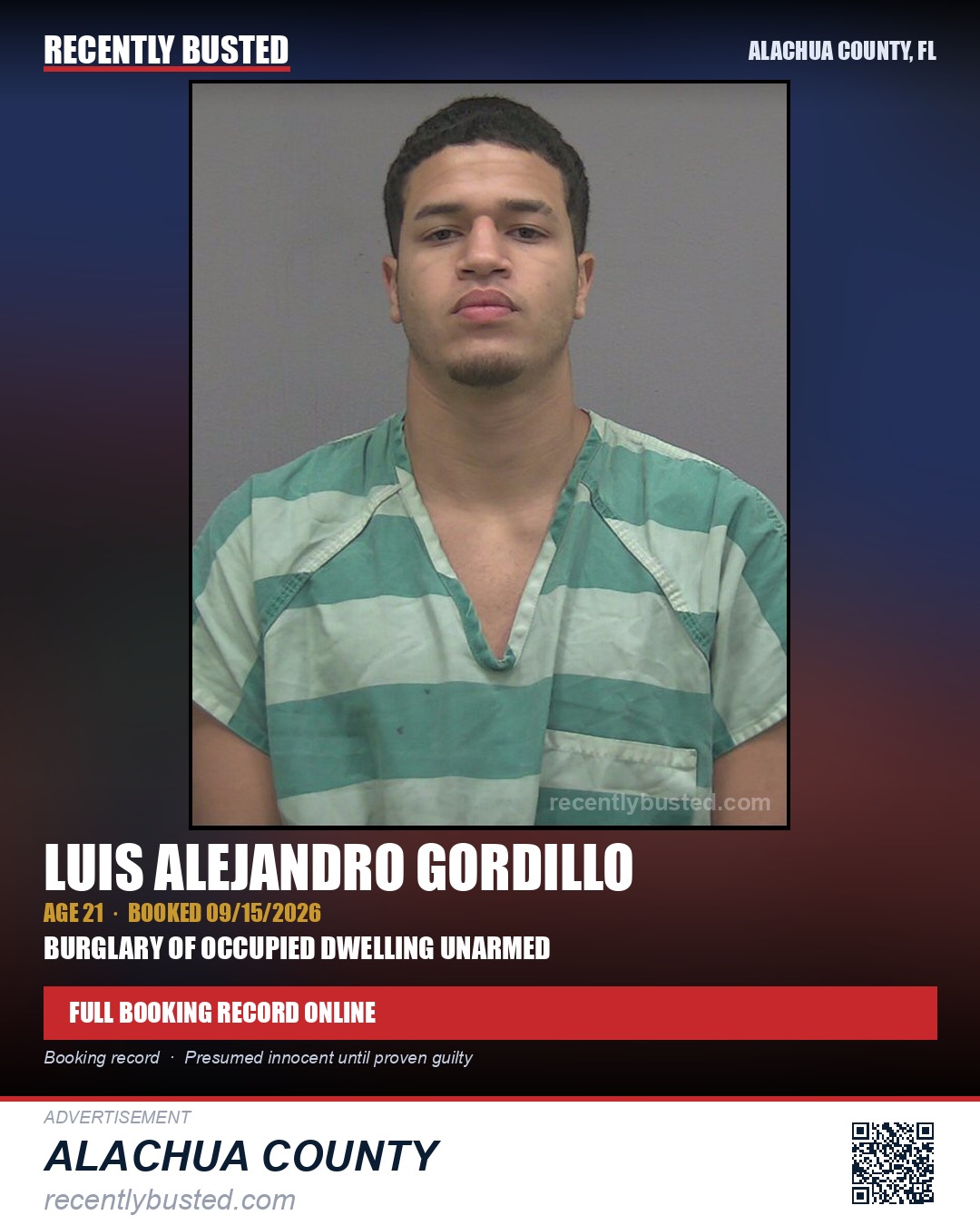 Luis Alejandro Gordillo — arrest record card, Alachua County, Florida