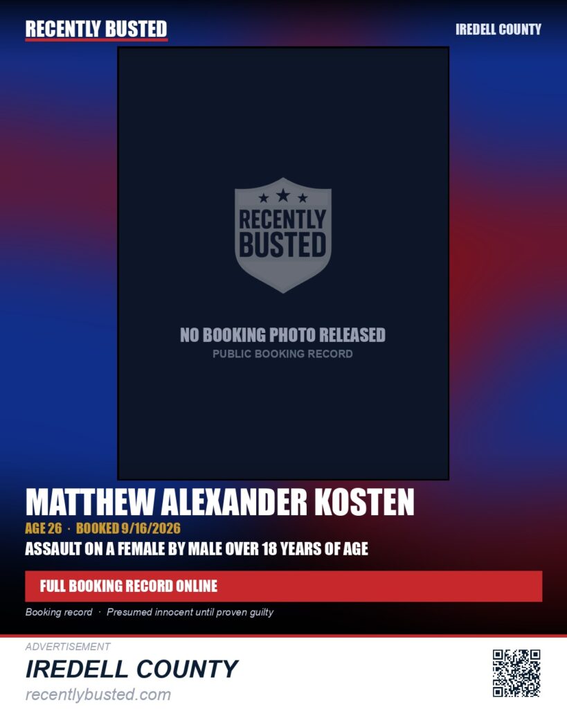 MATTHEW ALEXANDER KOSTEN — arrest record card, Iredell County