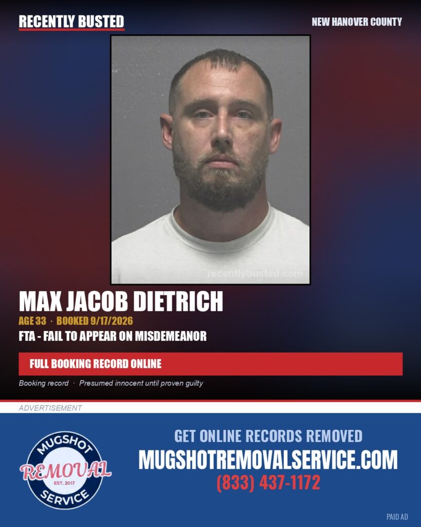MAX JACOB DIETRICH — arrest record card, New Hanover