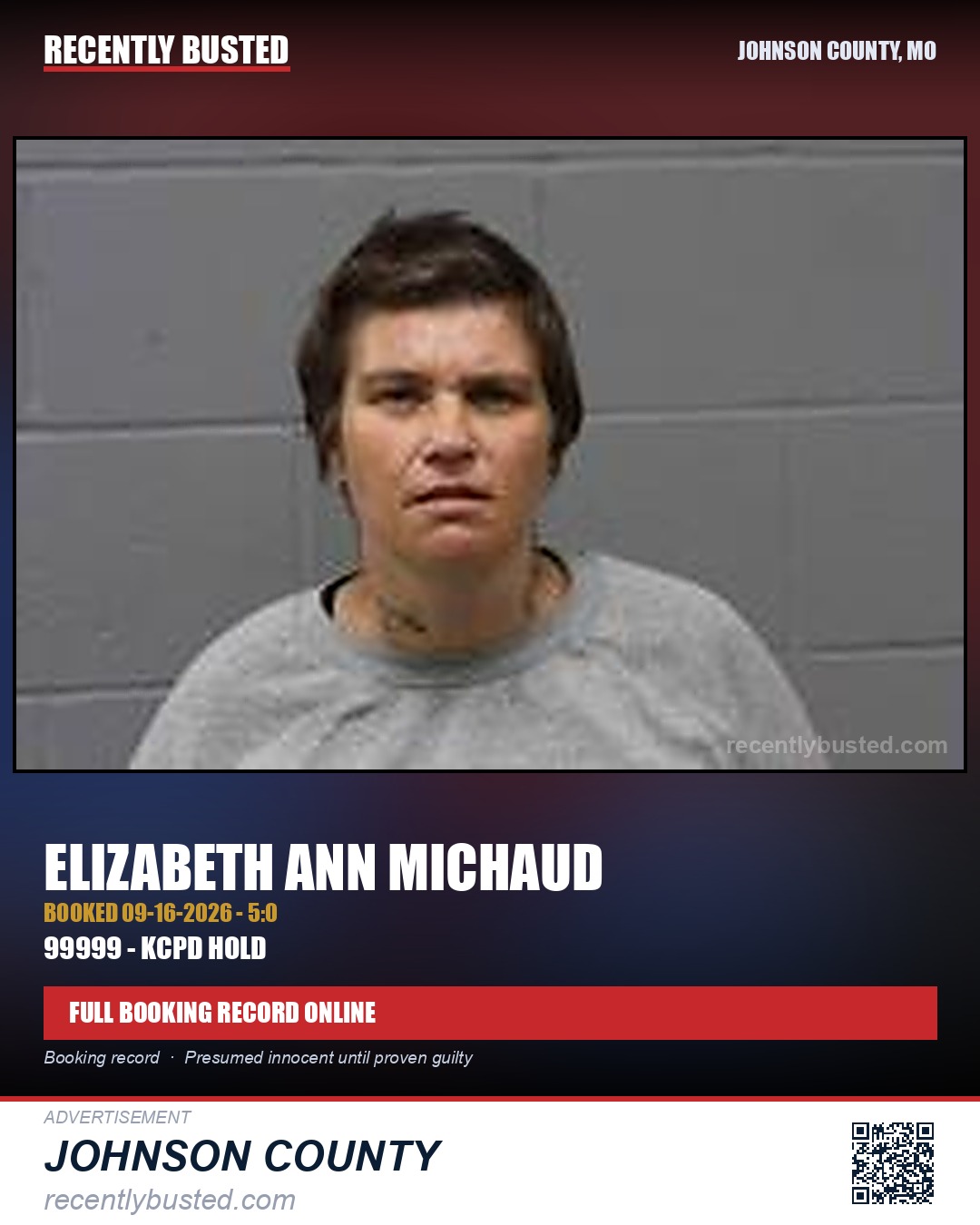 MICHAUD, ELIZABETH ANN — arrest record card, Johnson County, Missouri