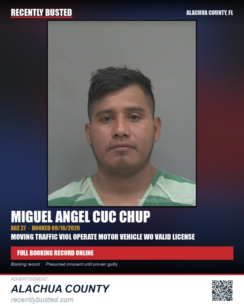 Miguel Angel Cuc Chup — arrest record card, Alachua County, Florida