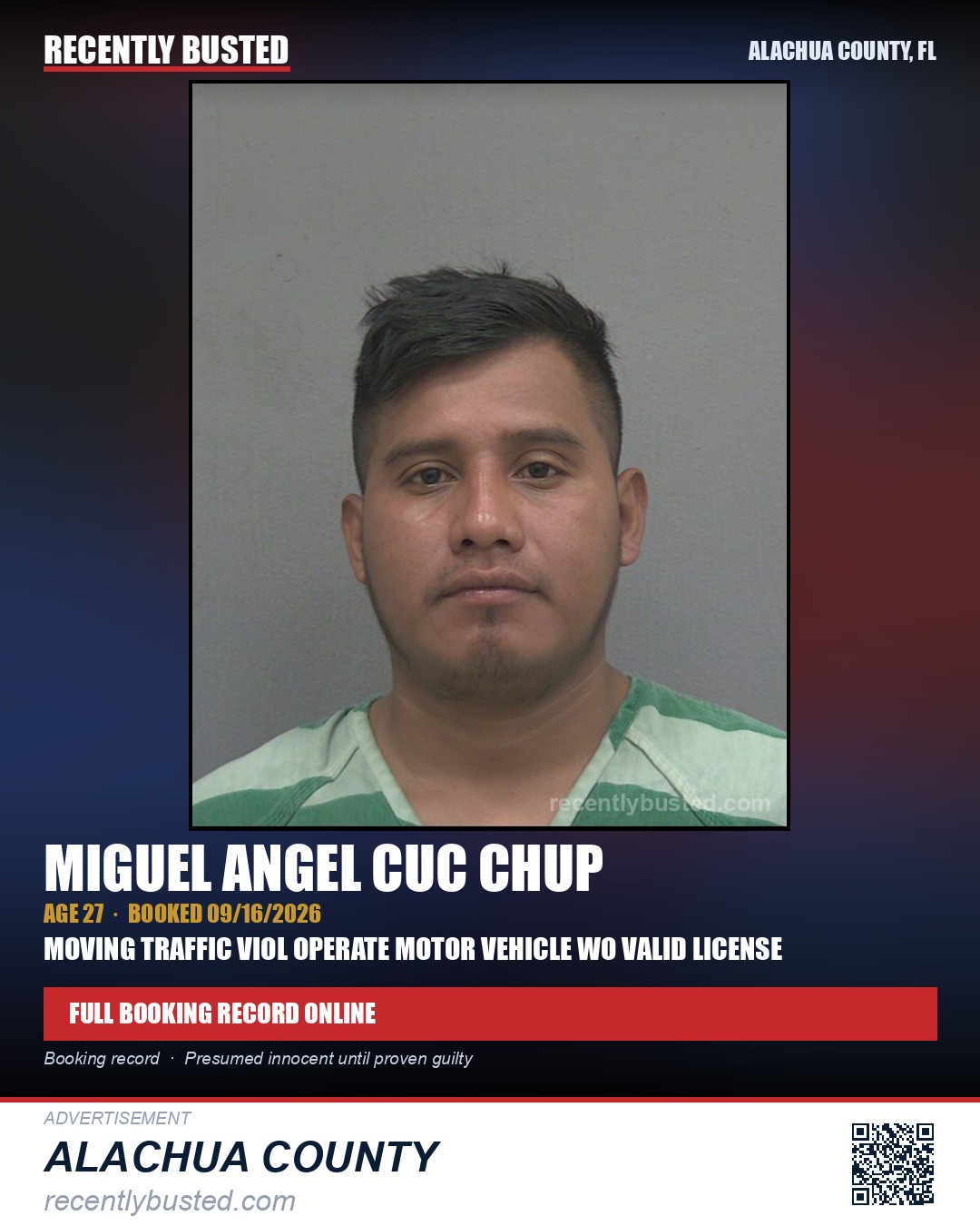 Miguel Angel Cuc Chup — arrest record card, Alachua County, Florida