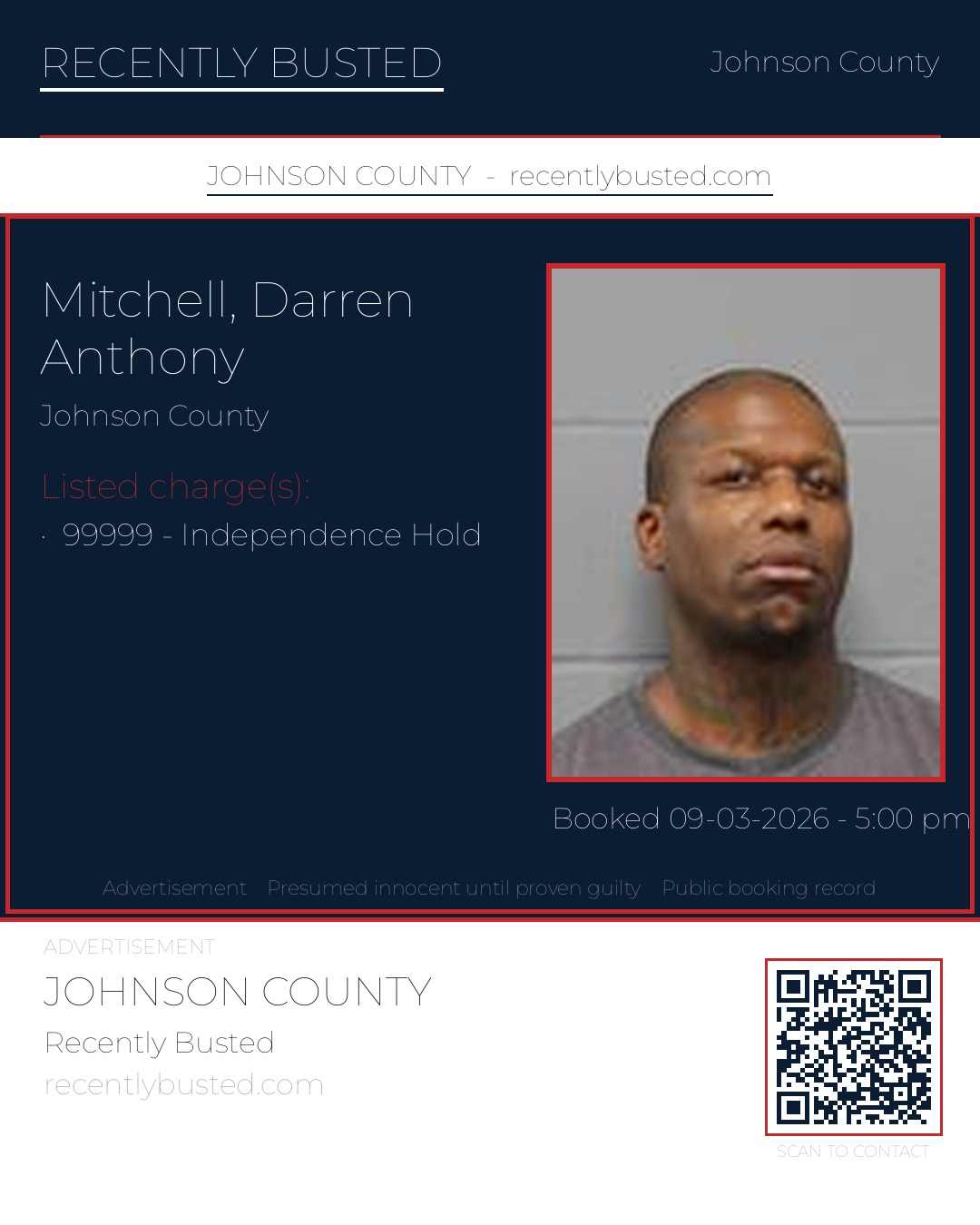 MITCHELL, DARREN ANTHONY — arrest record card, Johnson County, Missouri