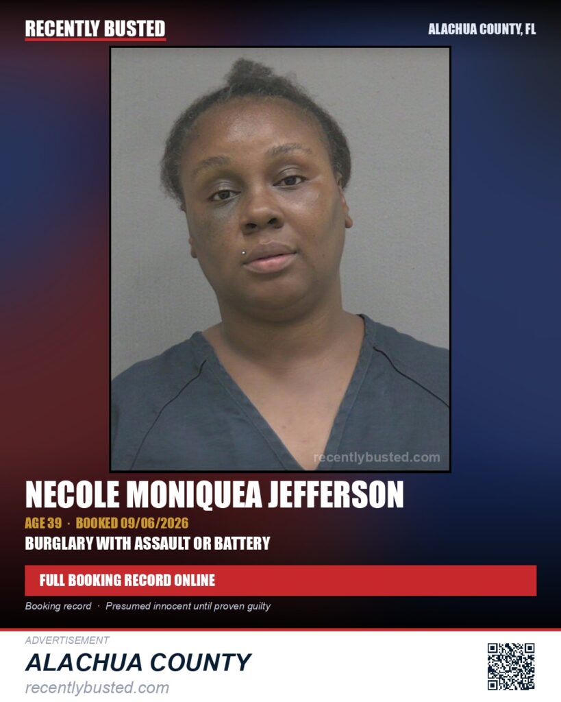 Necole Moniquea Jefferson — arrest record card, Alachua County, Florida