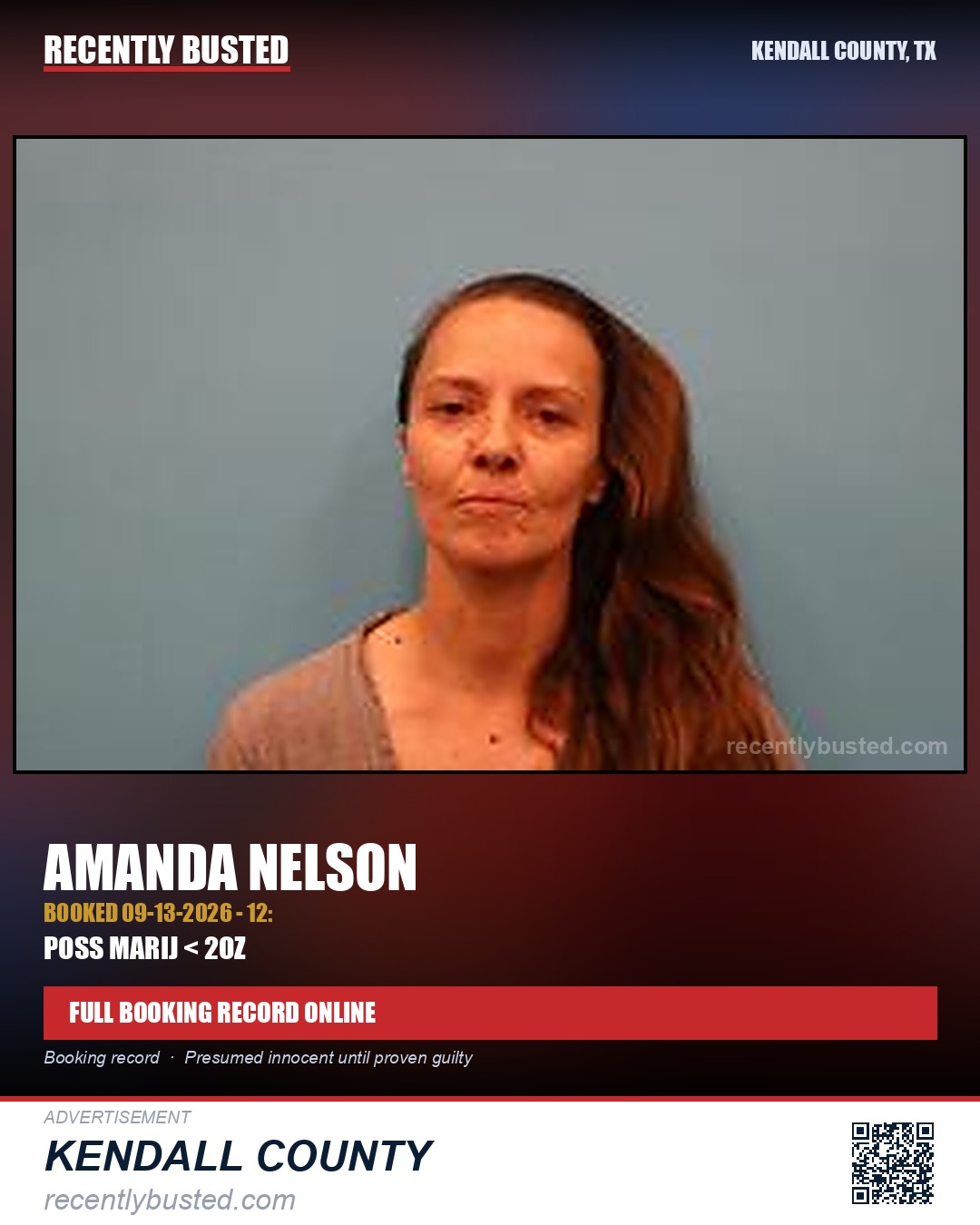 Nelson, Amanda — arrest record card, Kendall County, Texas