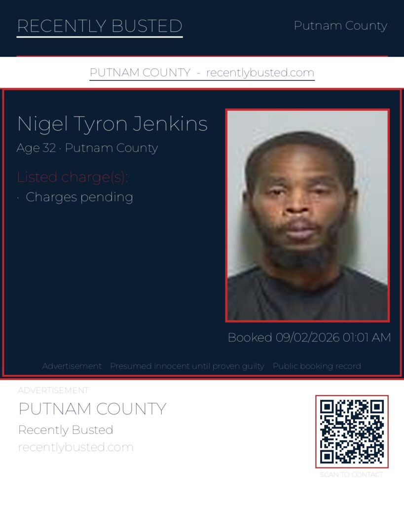 Nigel Tyron Jenkins — arrest record card, Putnam County, Florida