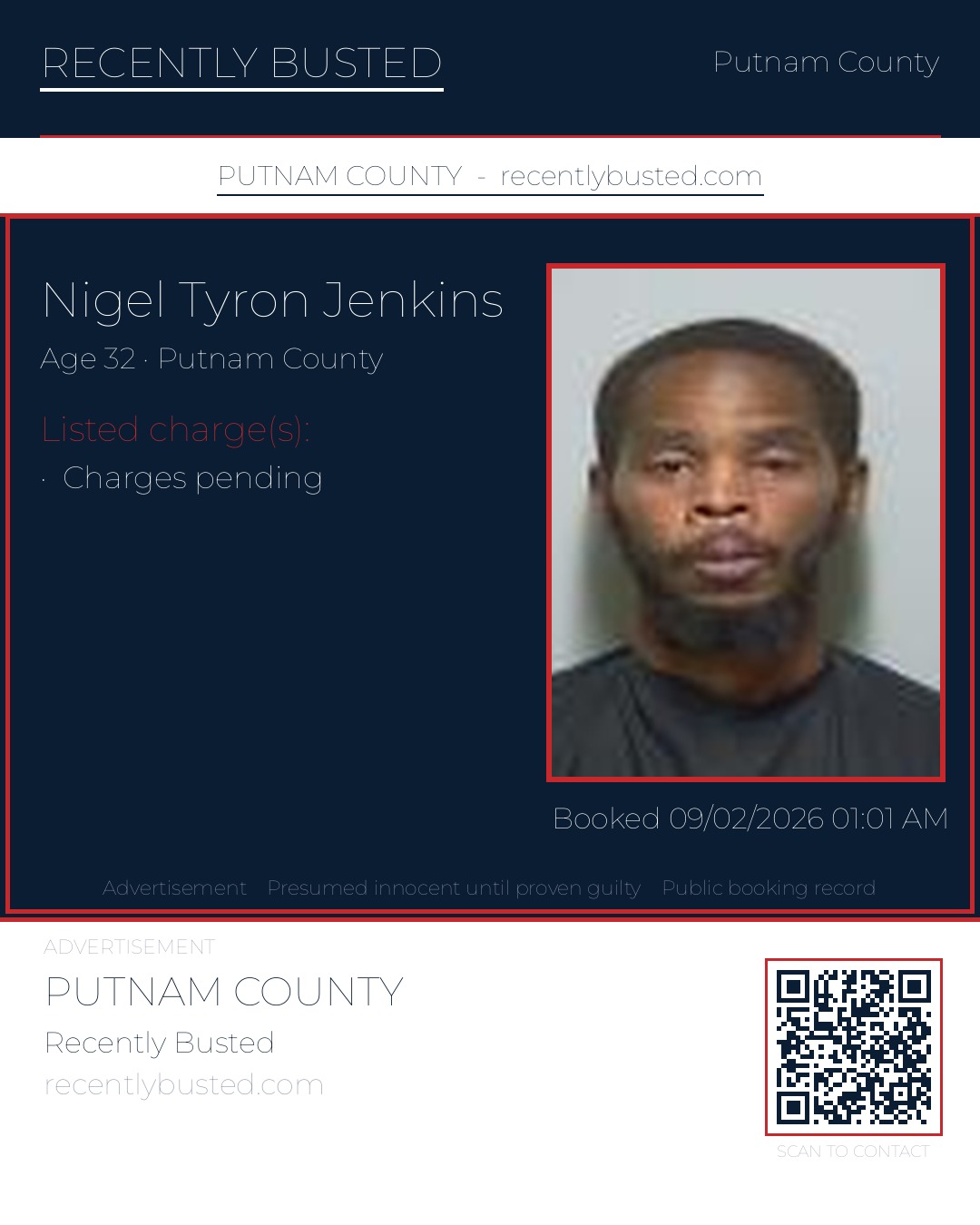 Nigel Tyron Jenkins — arrest record card, Putnam County, Florida