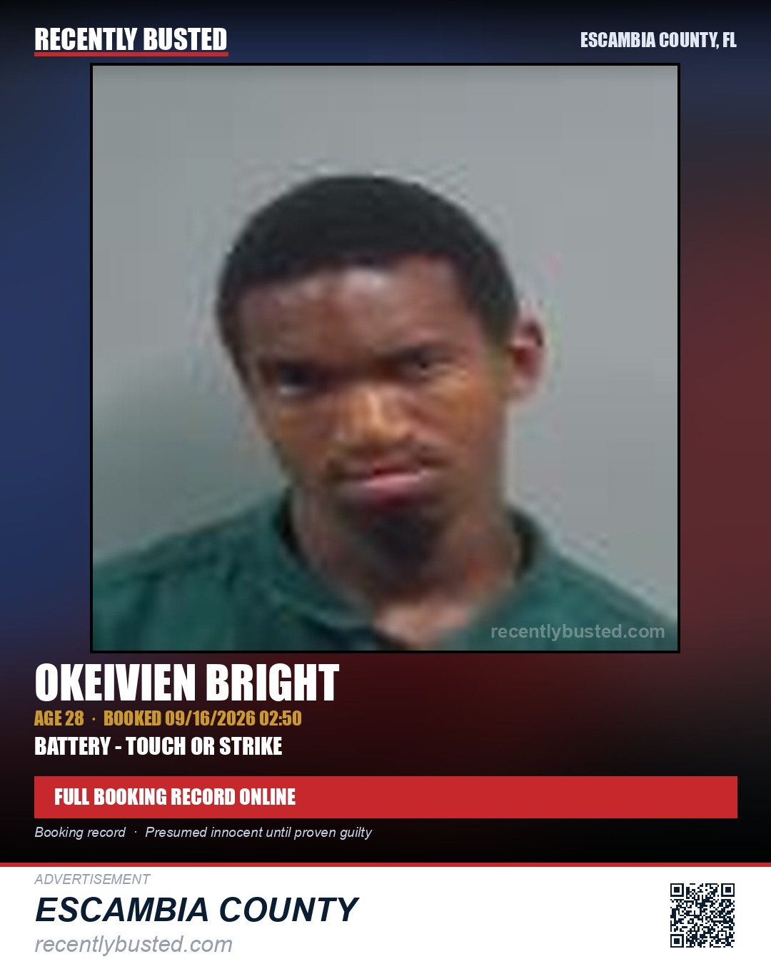 Okeivien Bright — arrest record card, Escambia County, Florida