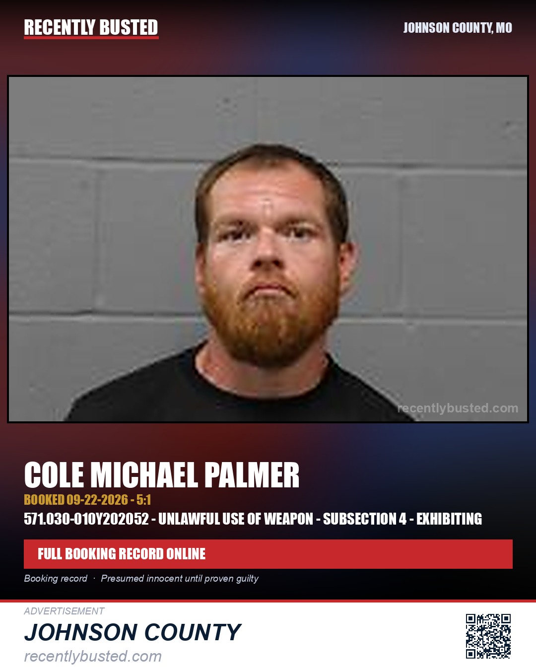 PALMER, COLE MICHAEL — arrest record card, Johnson County, Missouri