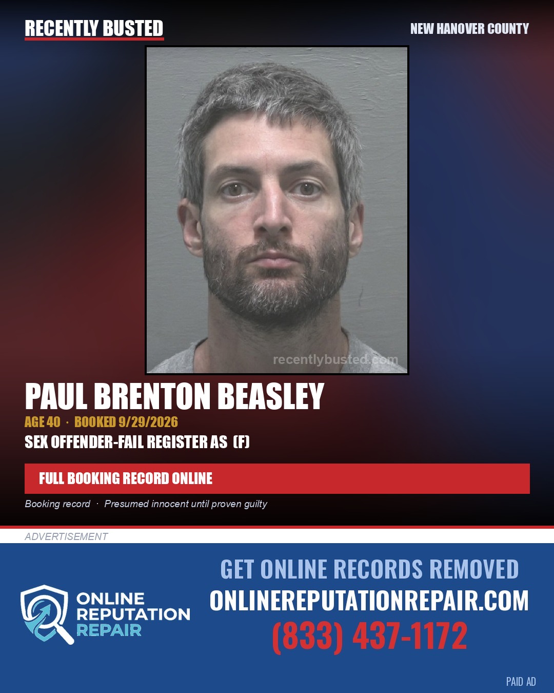 PAUL BRENTON BEASLEY — arrest record card, New Hanover County