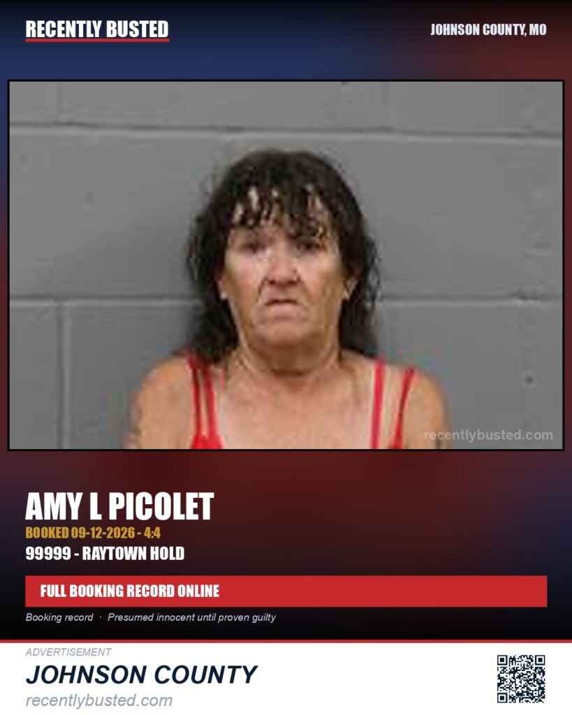 PICOLET, AMY L — arrest record card, Johnson County, Missouri