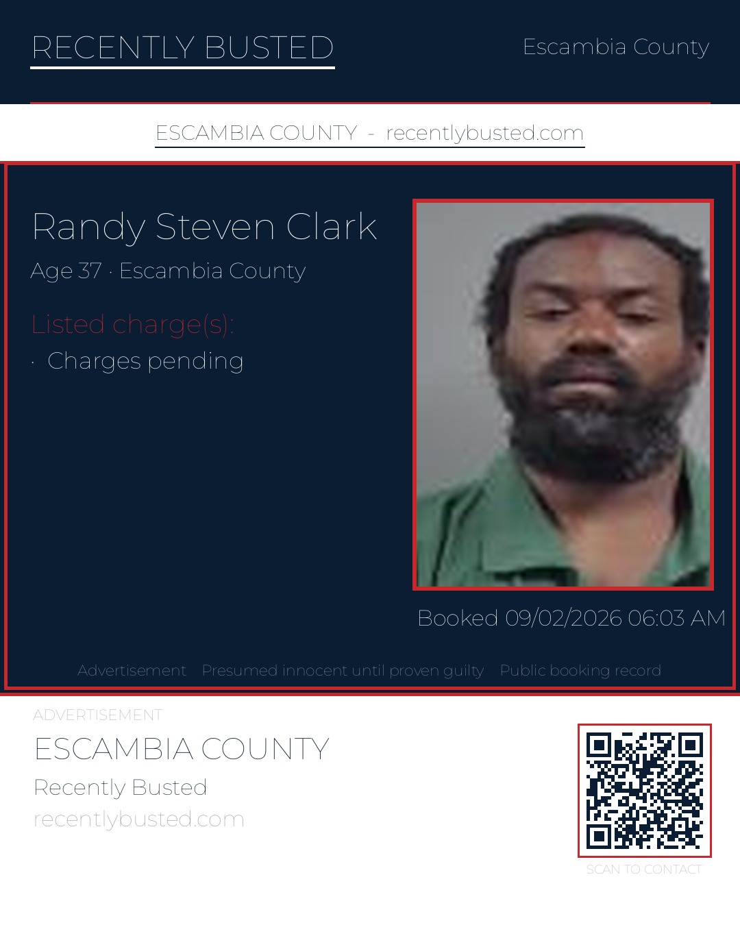 Randy Steven Clark — arrest record card, Escambia County, Florida
