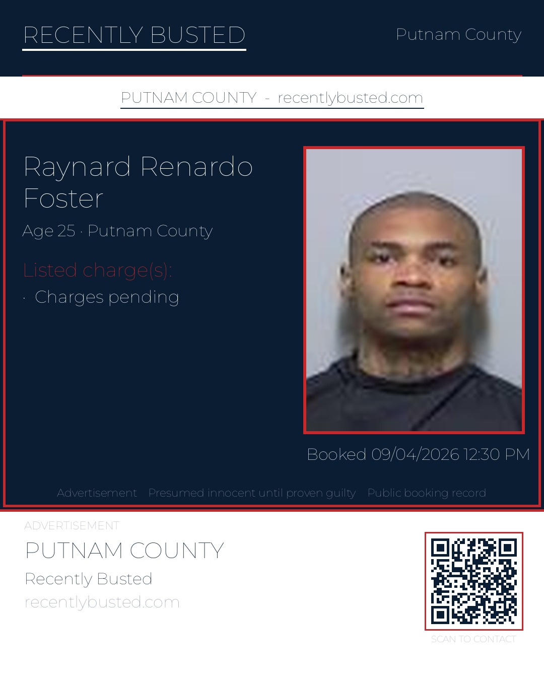 Raynard Renardo Foster — arrest record card, Putnam County, Florida
