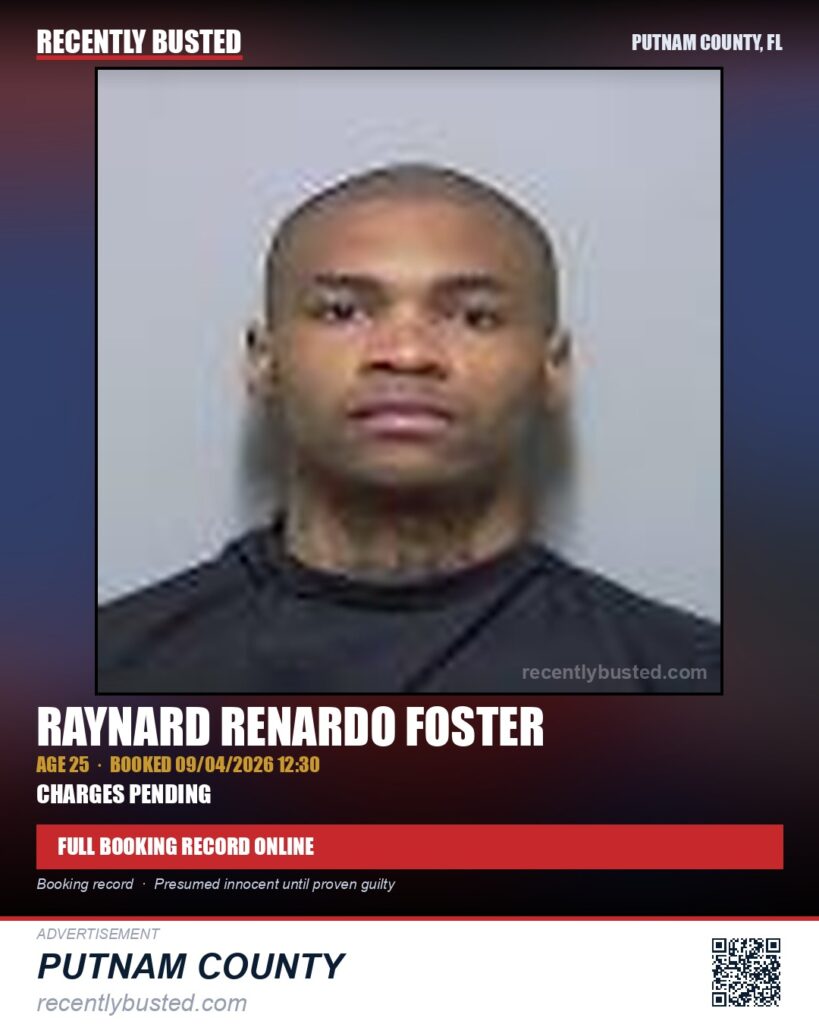 Raynard Renardo Foster — arrest record card, Putnam County, Florida