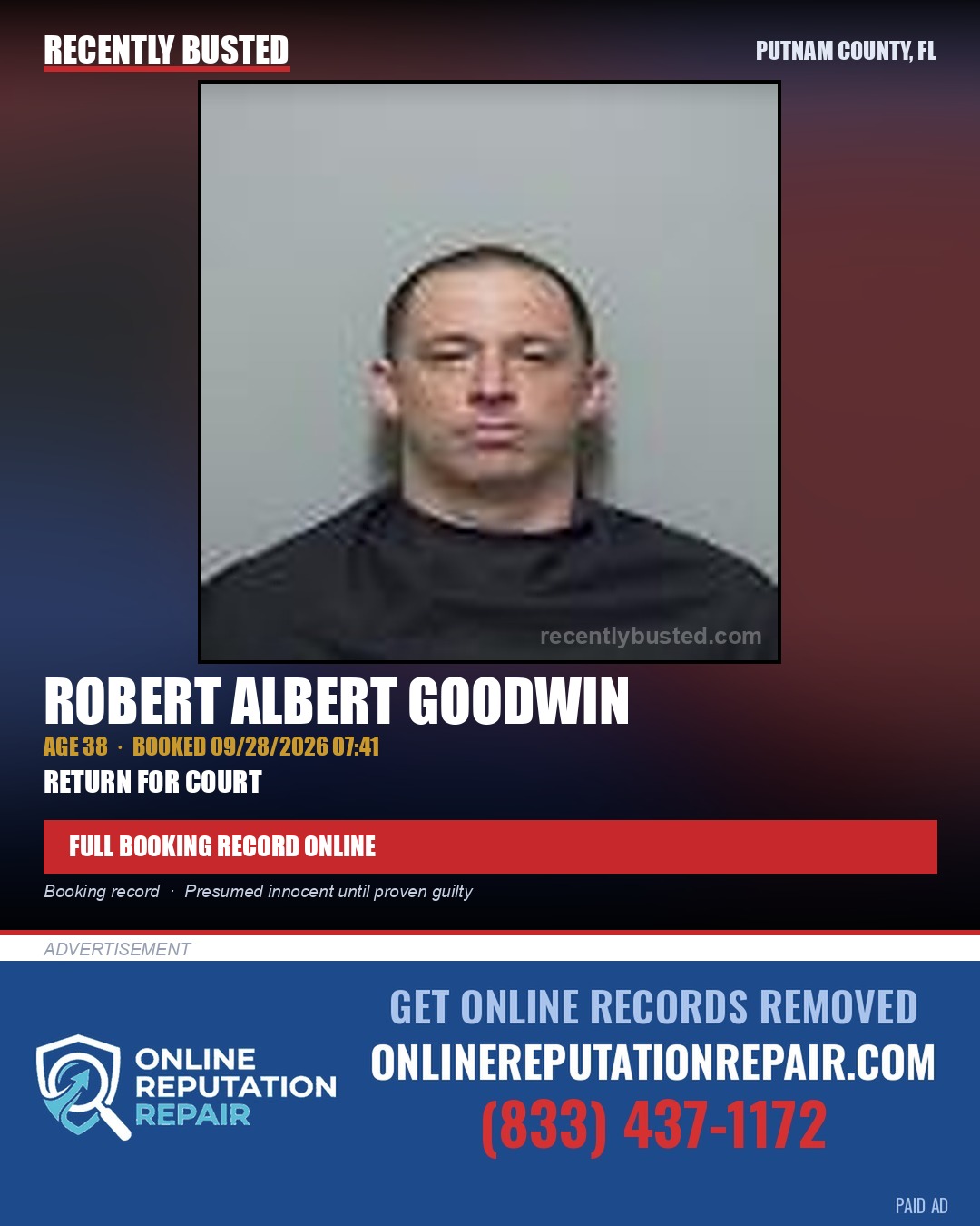 Robert Albert Goodwin — arrest record card, Putnam County, Florida
