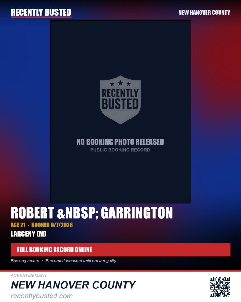 ROBERT &nbsp; GARRINGTON — arrest record card, New Hanover