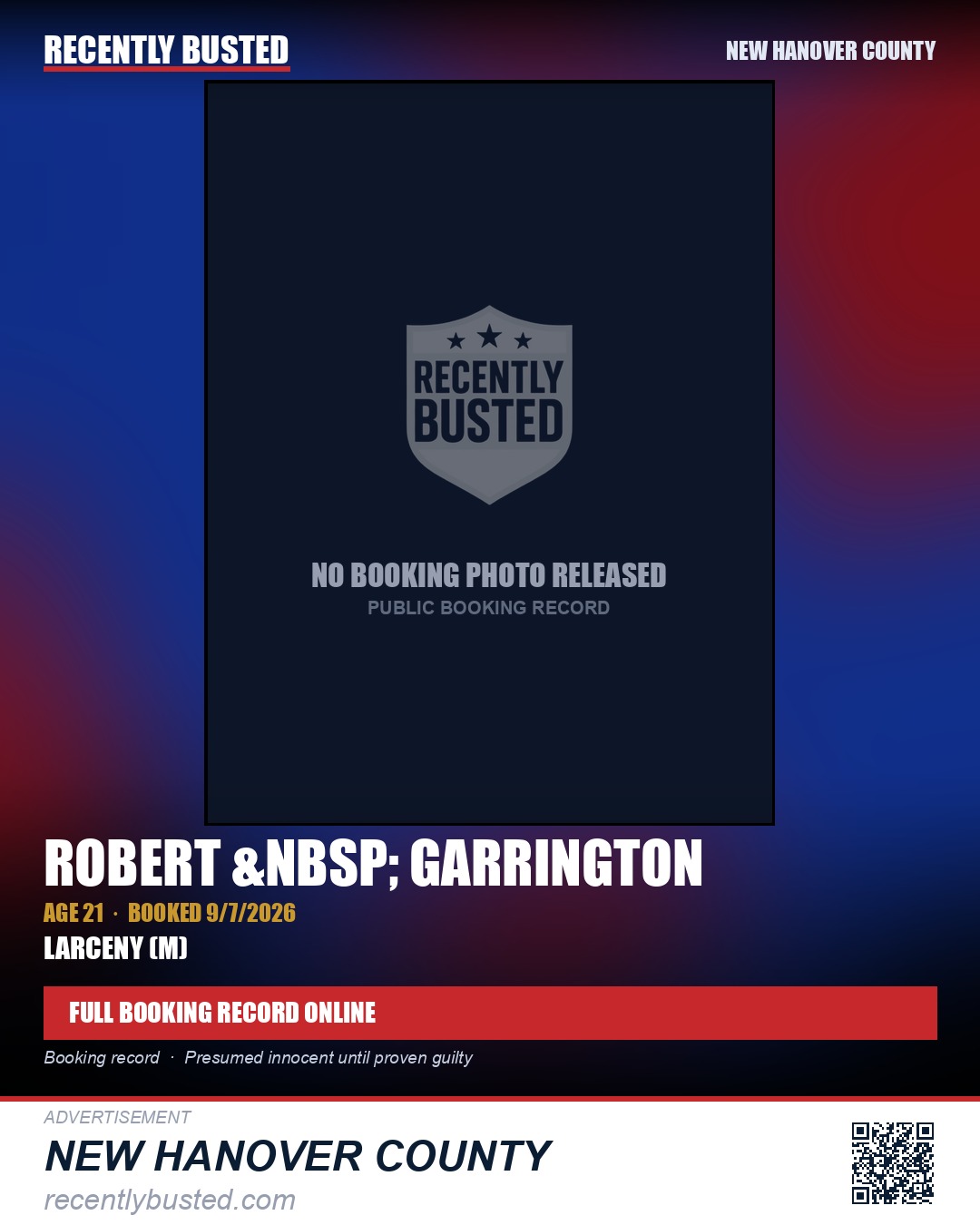 ROBERT &nbsp; GARRINGTON — arrest record card, New Hanover County