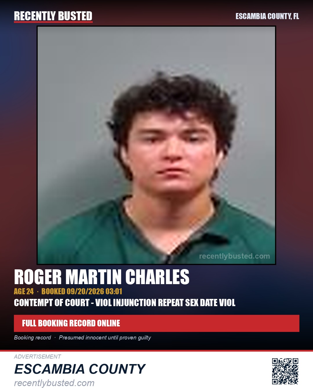 Roger Martin Charles — arrest record card, Escambia County, Florida
