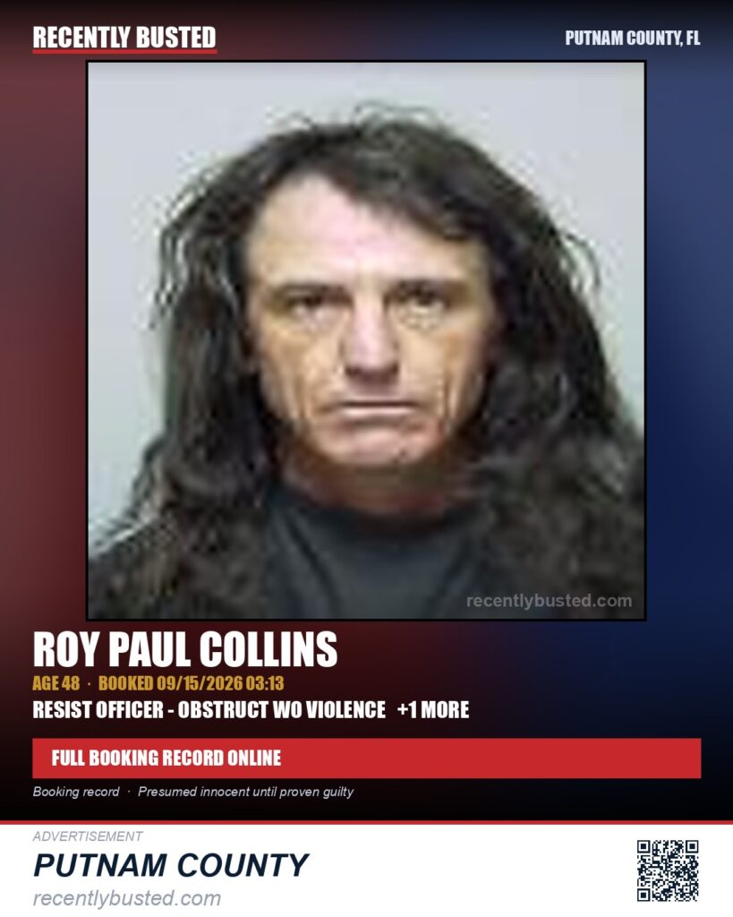 Roy Paul Collins — arrest record card, Putnam County, Florida