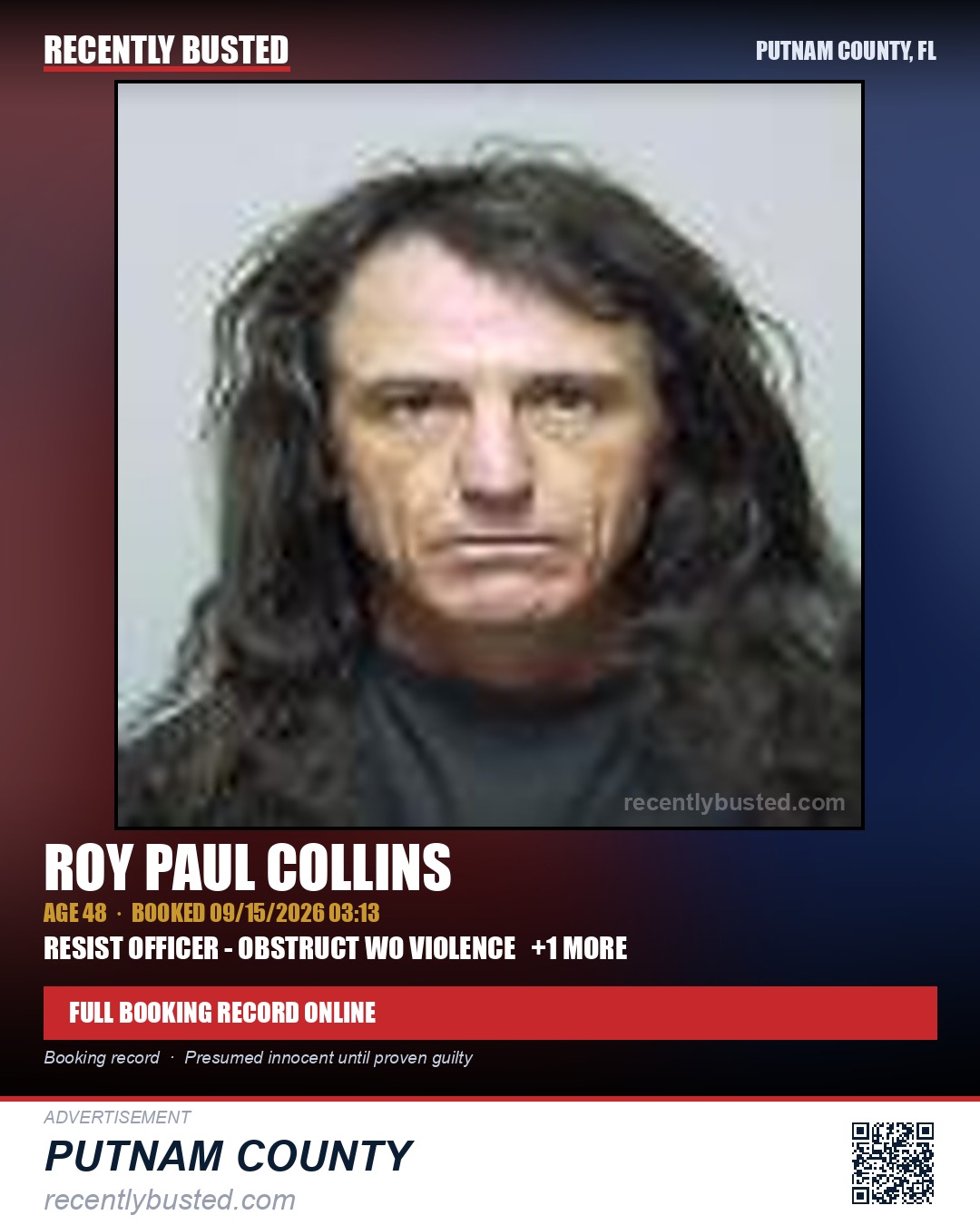 Roy Paul Collins — arrest record card, Putnam County, Florida