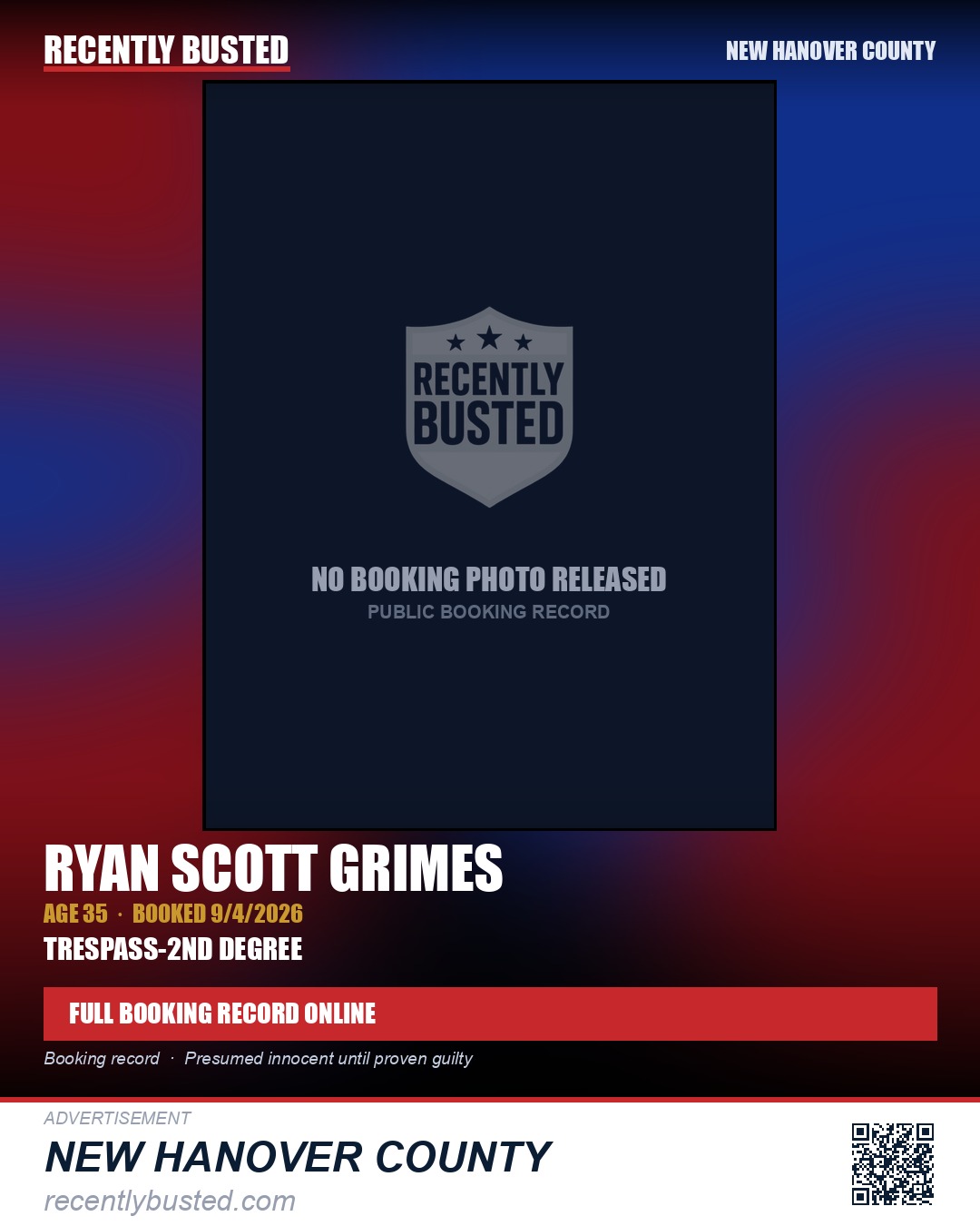 RYAN SCOTT GRIMES — arrest record card, New Hanover County