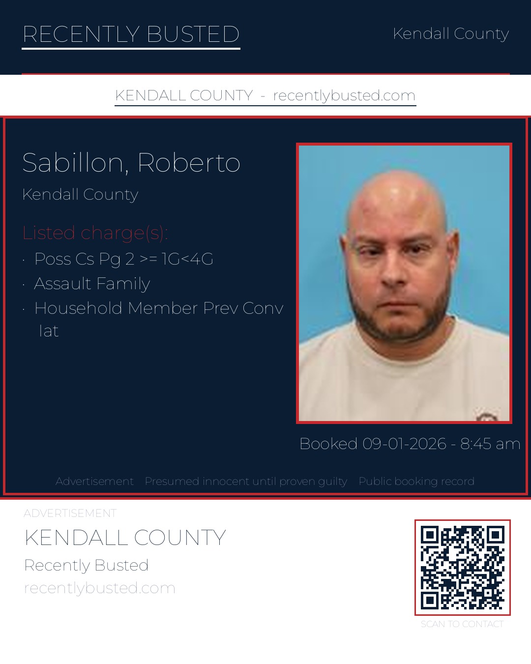 Sabillon, Roberto — arrest record card, Kendall County, Texas