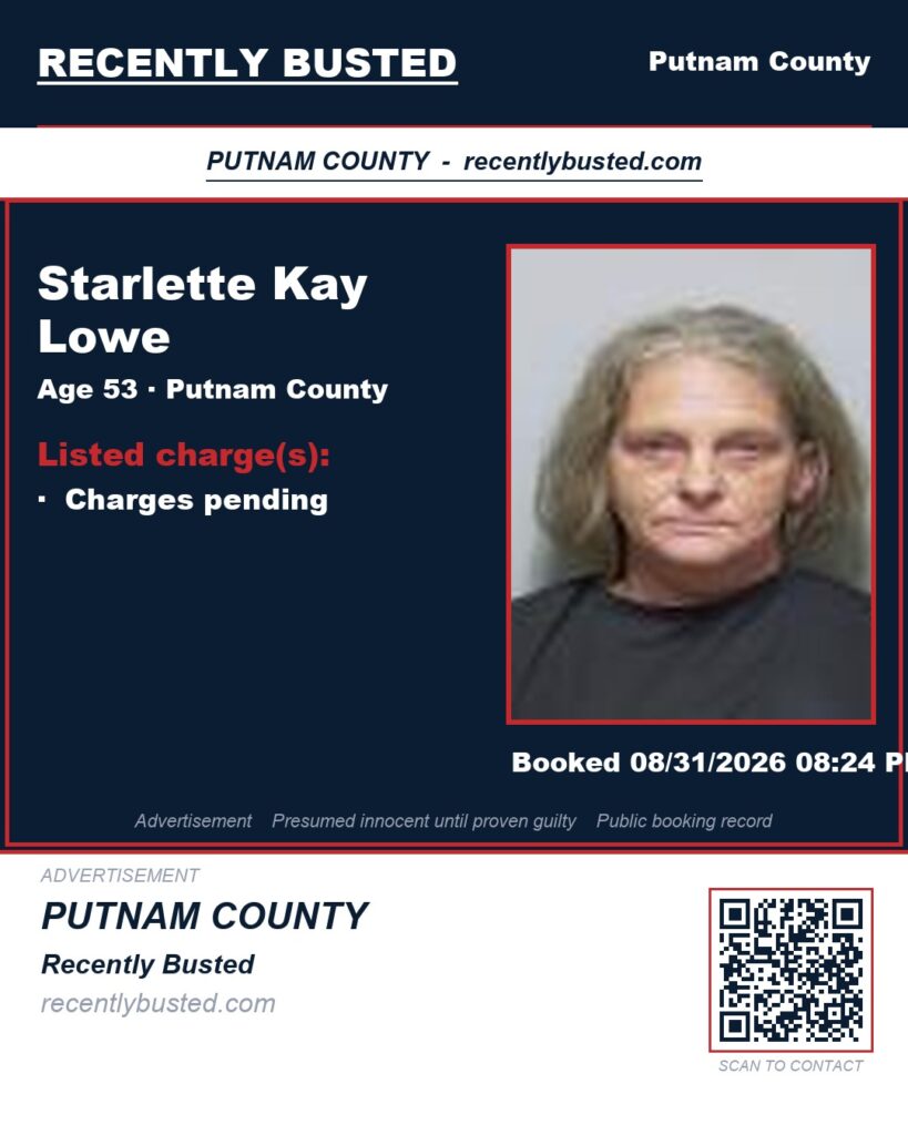 Starlette Kay Lowe — arrest record card, Putnam County, Florida