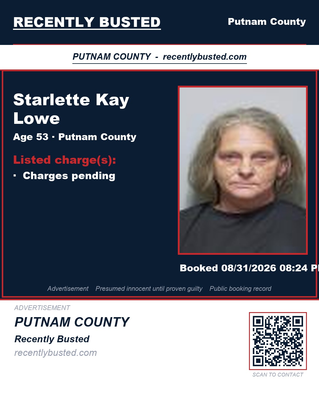 Starlette Kay Lowe — arrest record card, Putnam County, Florida