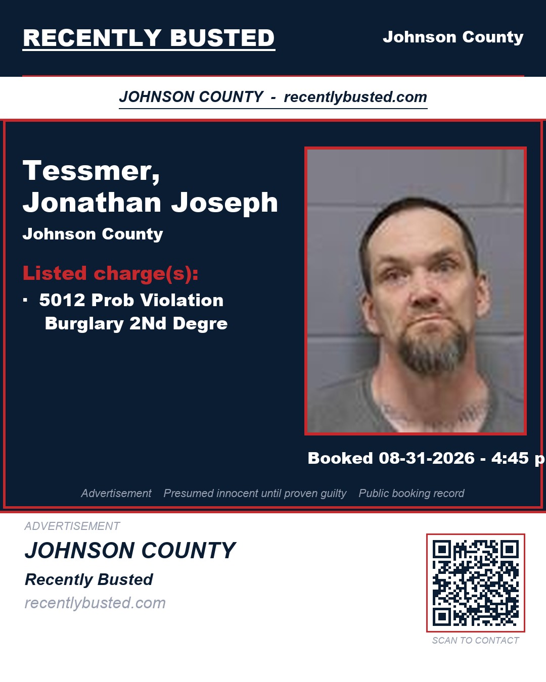 TESSMER, JONATHAN JOSEPH — arrest record card, Johnson County, Missouri