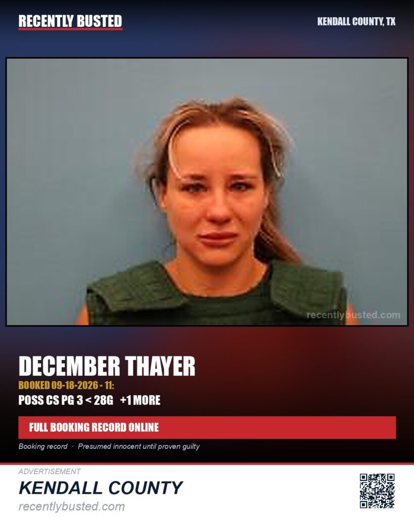 Thayer, December — arrest record card, Kendall County, Texas