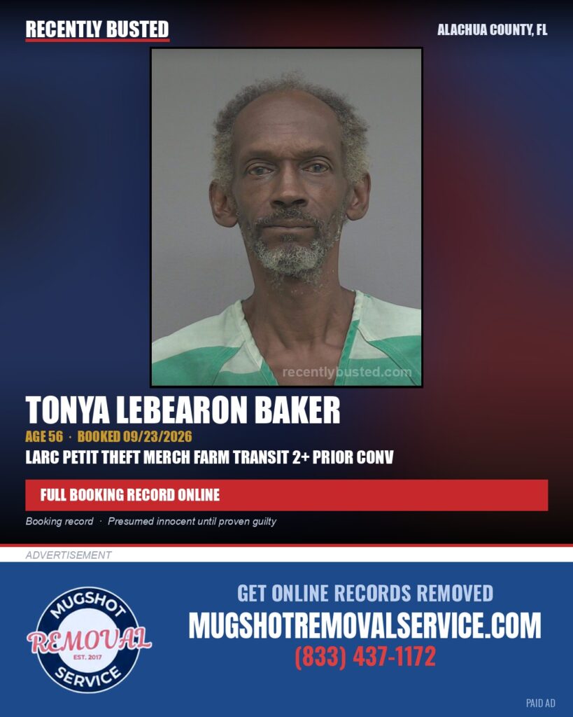 Tonya Lebearon Baker — arrest record card, Alachua County, Florida